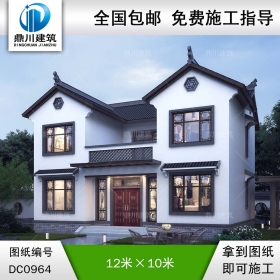 二層中式帶露臺別墅施工圖紙及效果圖_農(nóng)村自建房設(shè)計,鼎川建筑